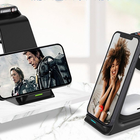 Vertical Three-in-one Wireless Charger 15W Fast Charge Dual-coil Desktop Stand Wireless Charger