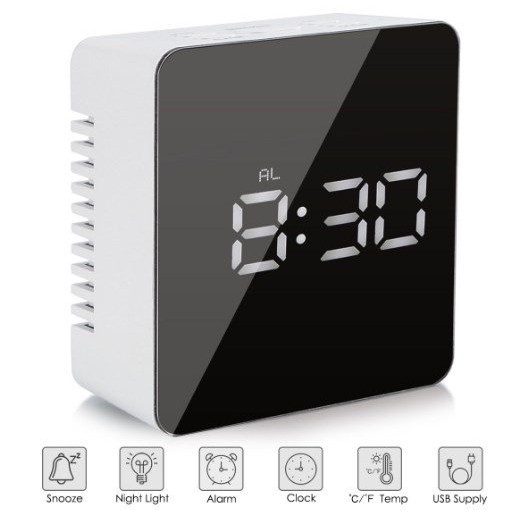 Digital Alarm Clock Night Light Thermometer Mirror
